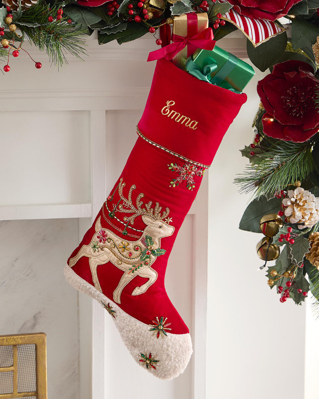 Beaded Classic Christmas Reindeer Stocking